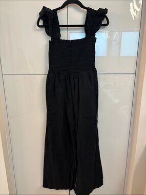 Loft 604 Black Smocked Jumpsuit with Ruffled Straps